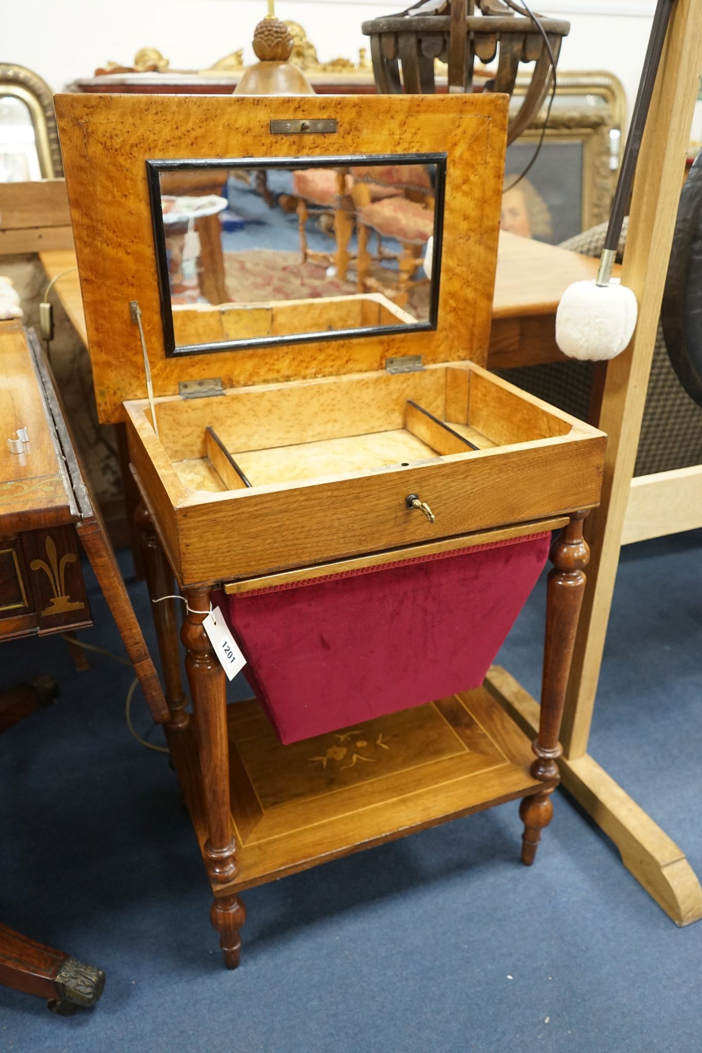 A 19th century French inlaid walnut work table, width 55cm, depth 37cm, height 71cm